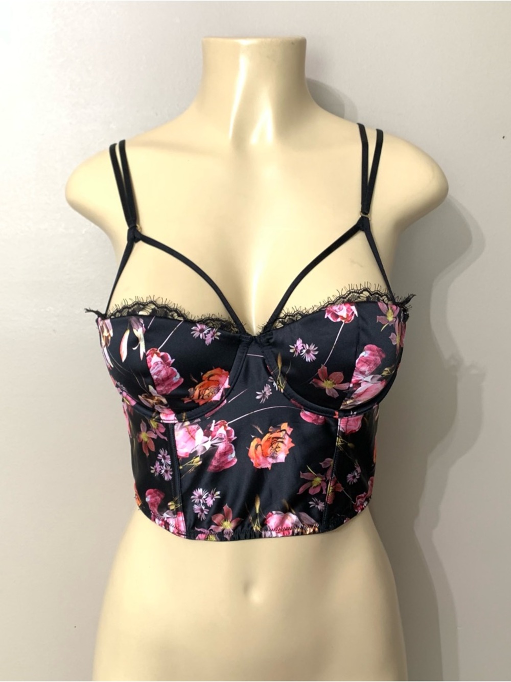 Victoria’s Secret Satin Black Floral Print Corset Bustier Bra Size 34B